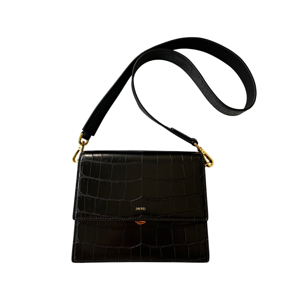 JW PEI Black Croc-Embossed Crossbody Bag with Gold Hardware